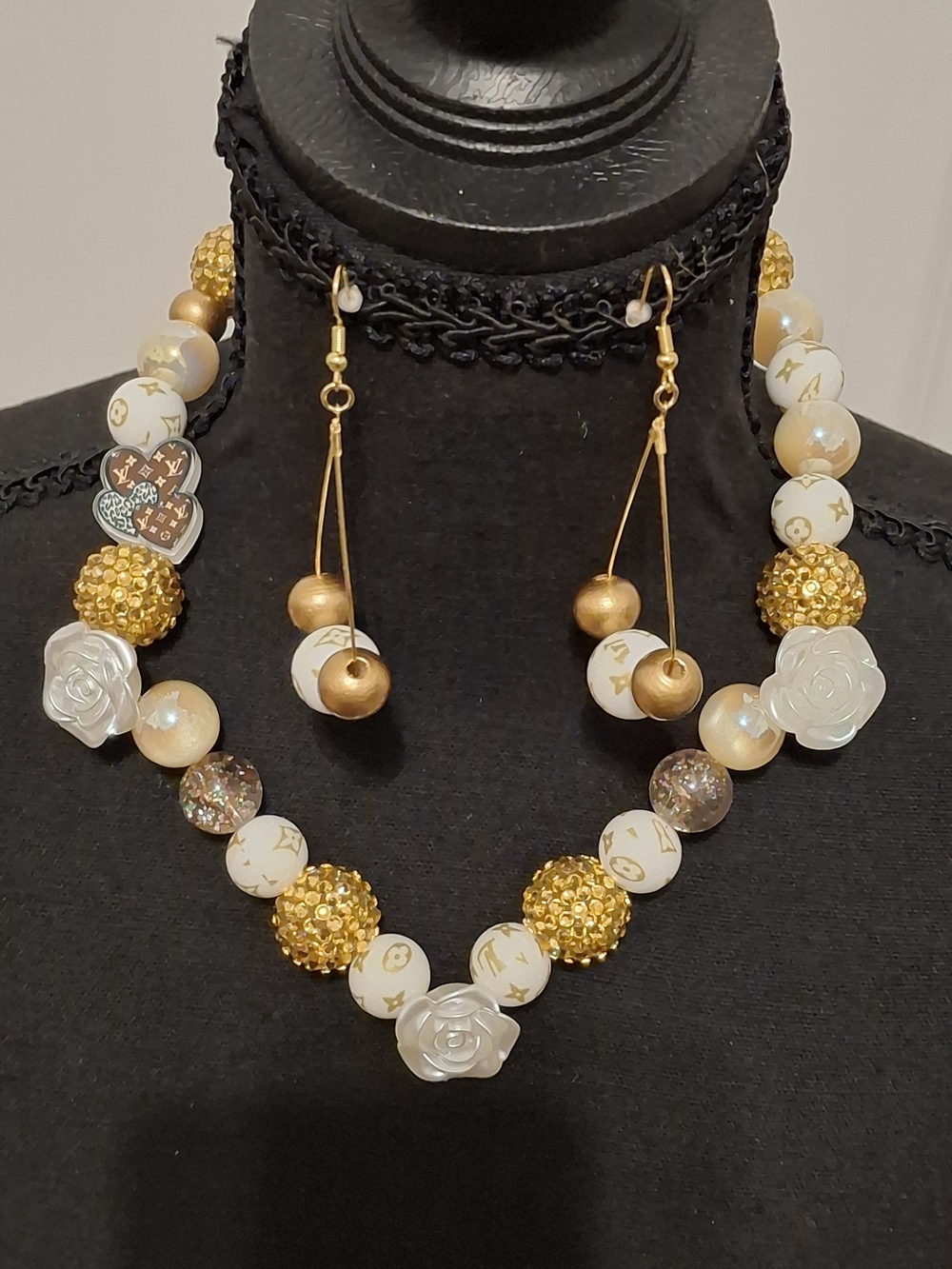 Gold and White Floral Bead Necklace with Matching Drop Earrings